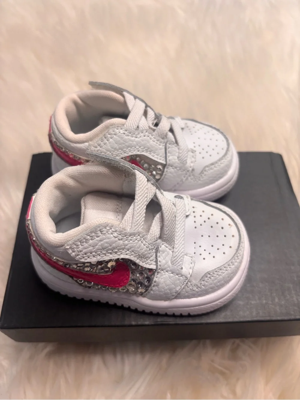 Jordan White Kids Sneakers with Pink Swoosh and Rhinestones